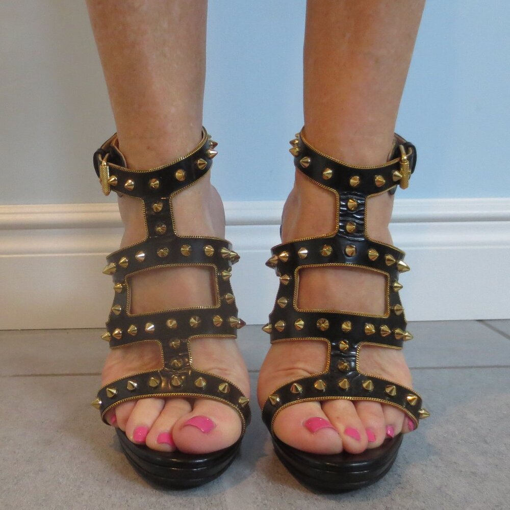 CHRISTIAN LOUBOUTIN Black and Gold Stud and Chain High Heel Sandals - Picture 2 of 9